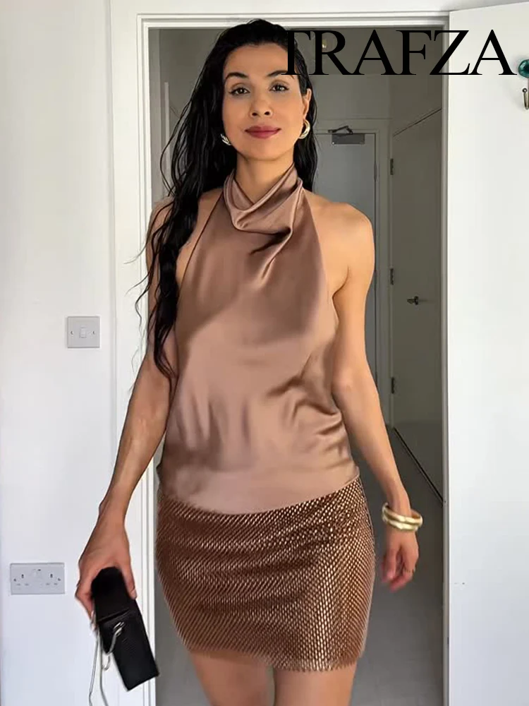 

TRAFZA Women's New Fashion Versatile High Waist Slim Solid Sequin Mini Skirt Female Sexy Hip Side Zipper Punk Party Short Skirt