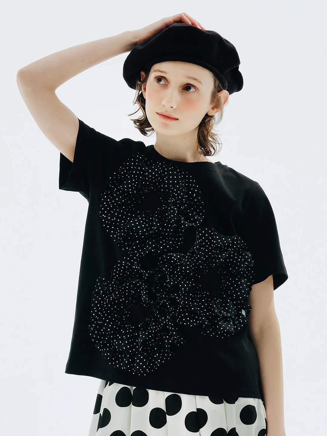 imakokoni original design black short-sleeved lace stitching polka dot T-shirt summer 234175