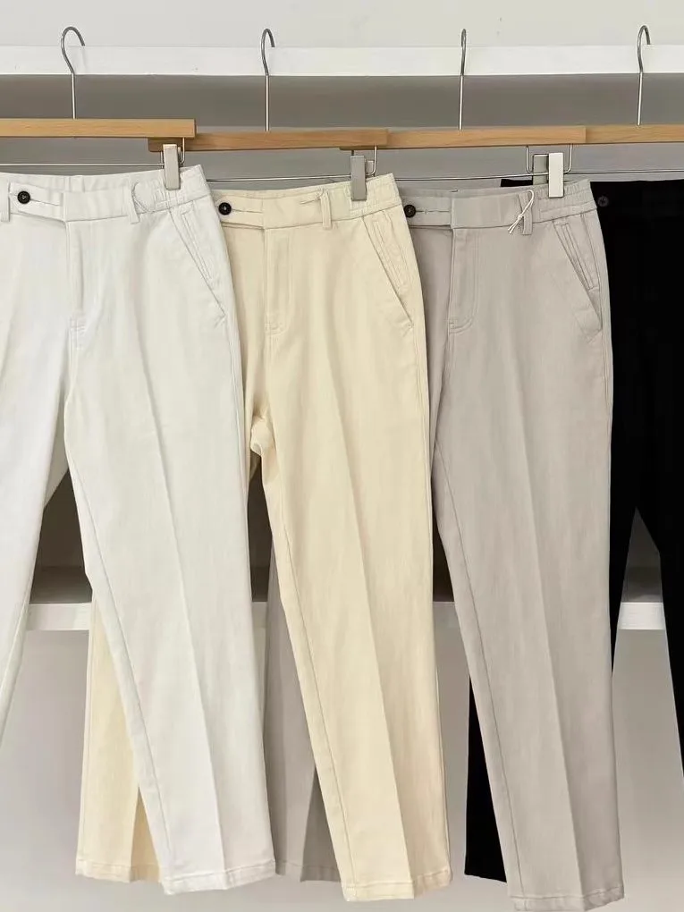 

Новые мужские повседневные брюки 2025 года: комфортные, прямого кроя, с эластичным поясом, из смесового хлопка, чесаного хлопка, однотонные, зауженные, для отдыха