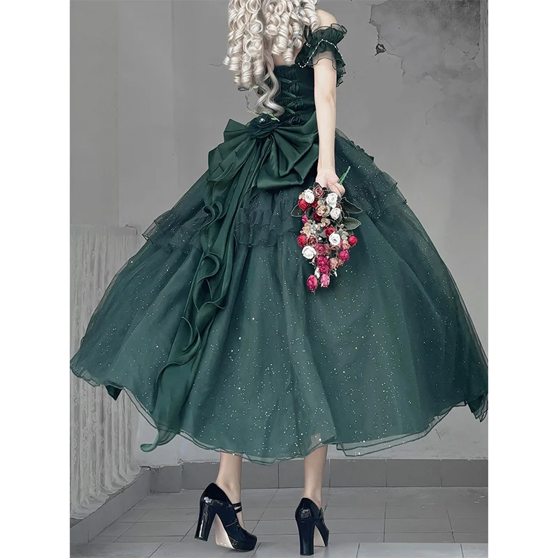 Zielony kwiat długa suknia ślubna damska letnia dopasowana elegancka suknia wieczorowa Retro Lolita śliczna kokarda kończąca się sukienki urodzinowe