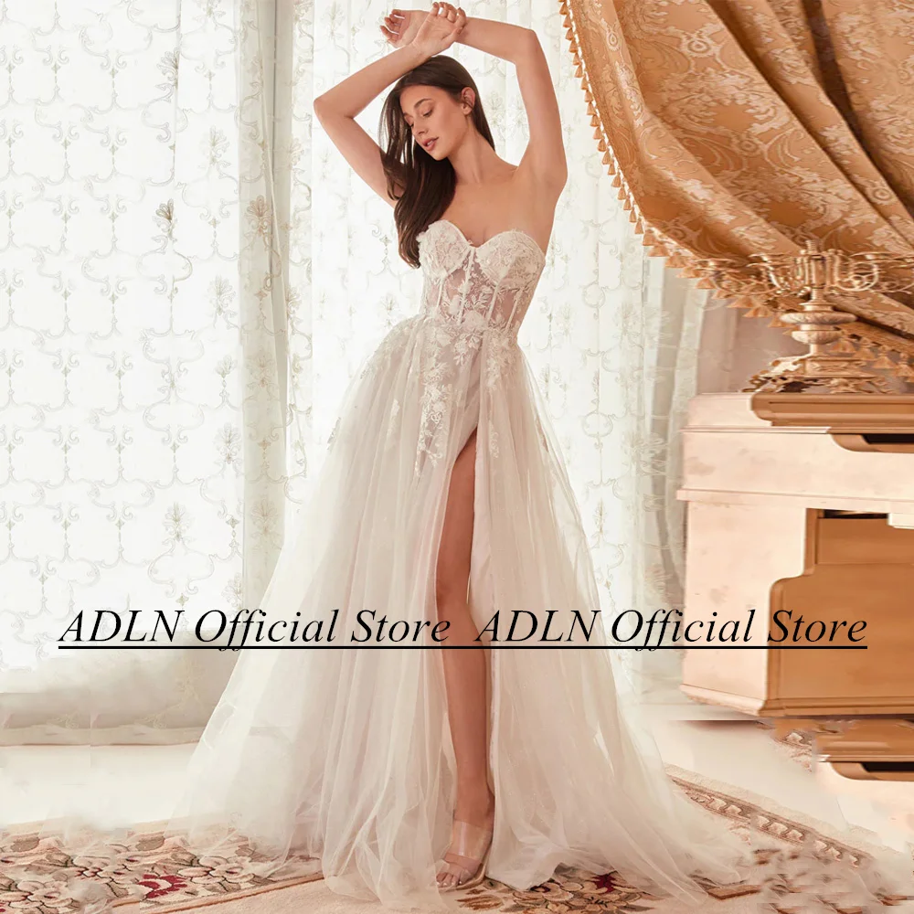 

ADLN Sexy Boho Wedding Dress Sweetheart Sleeveless See Through Flowers Applique Soft Tulle Split Robe De Mariage Bridal Gown