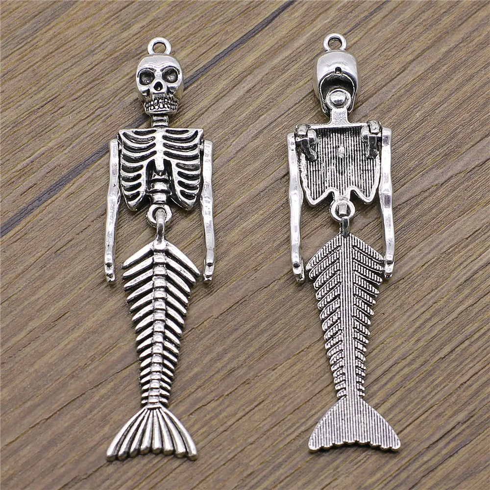WYSIWYG 2pcs Retro Style Arm Adjustable Mermaid Skeleton Pendant Punk Necklaces DIY Charm Metal Jewelry Crafts Making 18x74mm