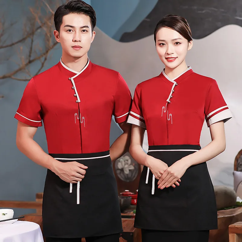 Wholesale Spot Supply Tea House Work Clothes Large Size Chinese Uniform Hot Pot Restaurant Waiter Short Sleeve Printe