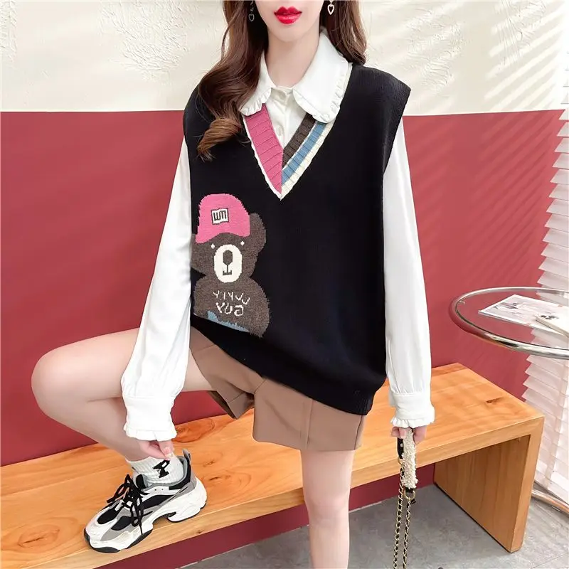 Women College Style Sweet Kawaii Cartoon Streetwear Sleeveless Knitted Sweater Vest Trendy Y2K V Neck Loose Outerwear Waistcoat