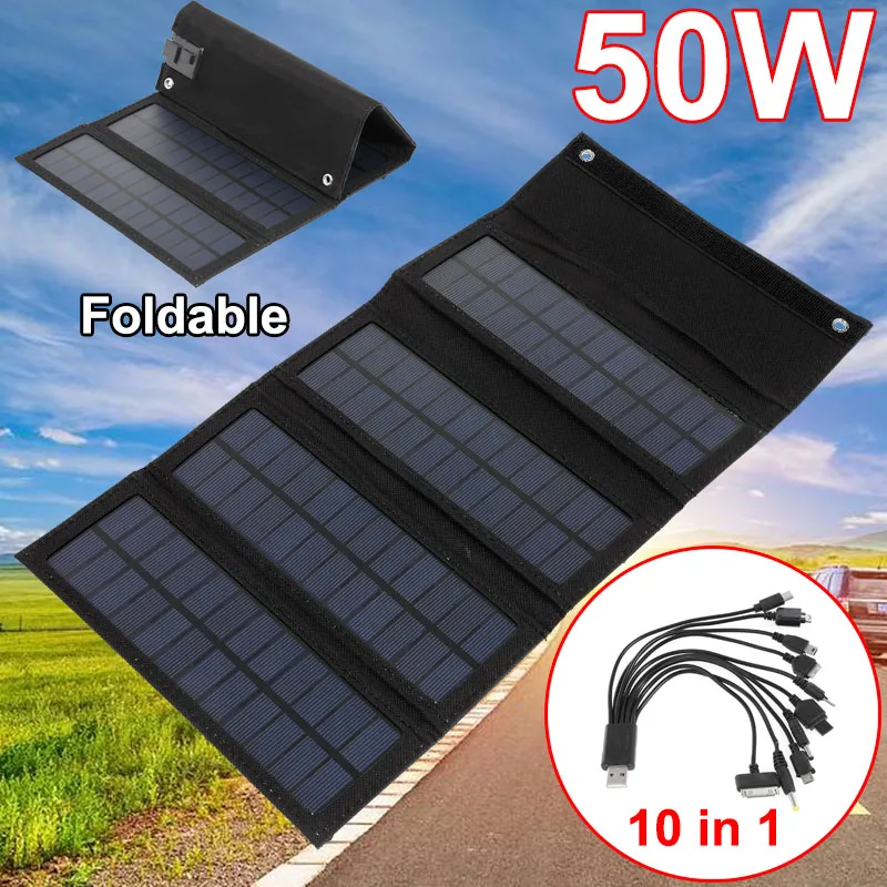 50W Solar Panel Folding Bag Waterproof Solar Cells Bank Pack 10 In1 USB Cable Solar Charger for Outdoor Traveling Camping Hiking