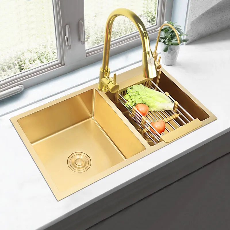 Modern Luxury Golden 820*450mm 800*450mm Kitchen sink Double sink High Quality SUS304 Stainless steel Kitchen sink Brushed Gold