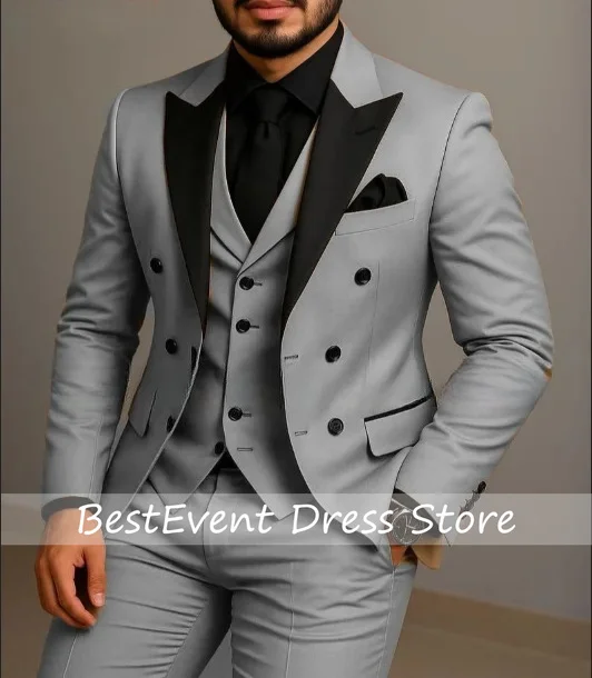 Beige Double Breasted Suit Black Lapel Slim Fit Wedding Suits Wedding Dress Prom Three-pices Offices Formal Customized