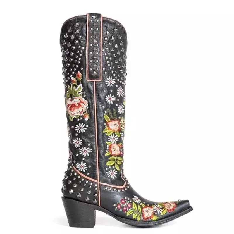 New Embroidered Rivet Western Cowboy Women Boots Pointed Toe Square Heels Vintage Knight Boots Cowgirl Boots Women\'s Shoes