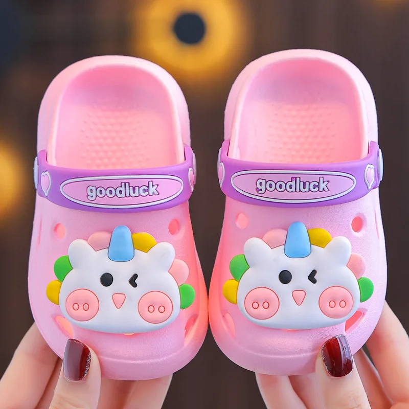 Summer Children Girls Boys Slippers Cartoon Indoor Heel Wrap Non-Slip Soft Bottom Comfort Cute Baby Hole Shoes Girls Home Slides