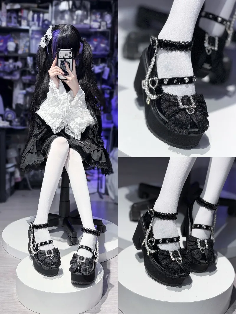 

Original Mine Series Mass-produced Sweet High Heels Women Japanese Round Head Lace Splicing Bead Bow Platform Shoes Muffin Shoes