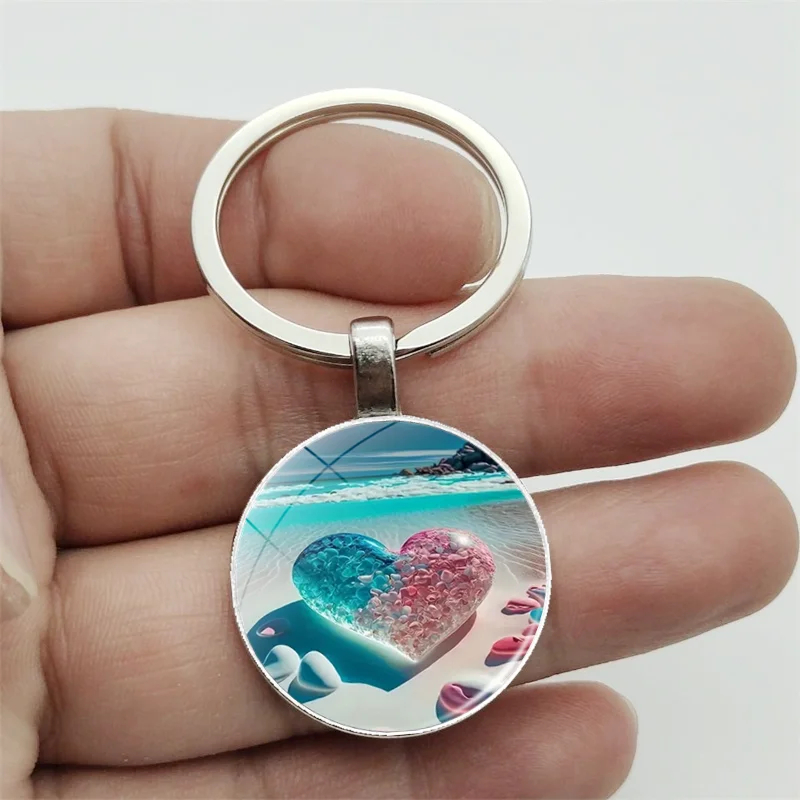 1PC Heart shaped Beach Pendant Keychain, Beach Pattern Glass Metal Keychain, Time Gem Gift