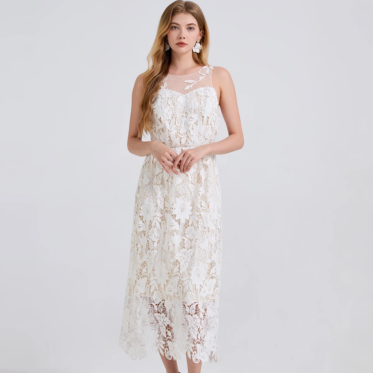 

Luxury Formal Evening Dresses Women Summer Sleeveless Floral Embroidery Lace Splice Mesh Long Maxi Dresses Prom Party Robes