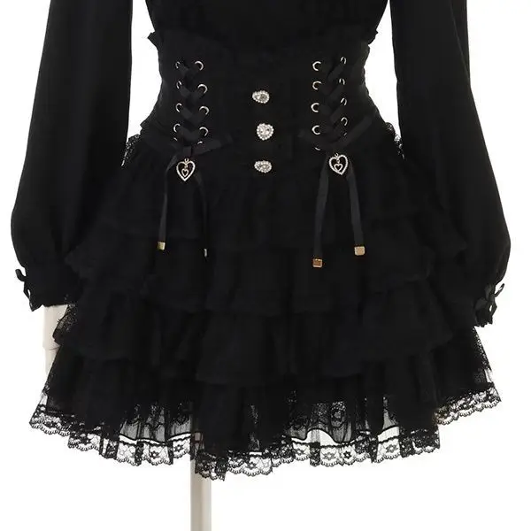 Japanese Sweet Lolita Style Mini Skirt Women Elegant Lace Bandage Party Cake Skirts Female Gothic Y2k Metal Buckle Skirt