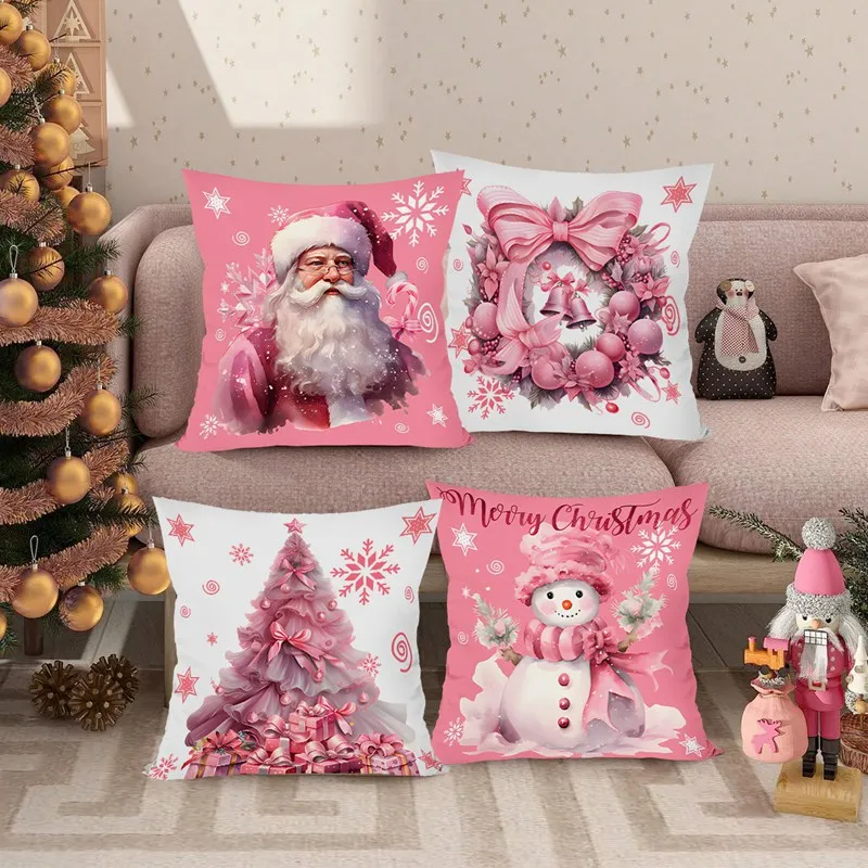 Christmas Pink Throw Pillow Cover Cushion Cover Christmas Decorations for Home 2024 Bedroom Room Navidad Natal Gifts New Year