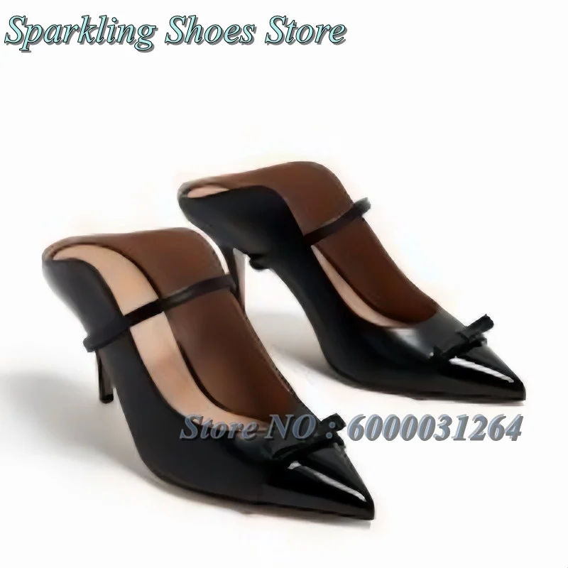 

Black Patchwork Leather Mule Sandals Mixed Color Double Strappy High Heels Women Slip On Pull On Outer Office Lady Summer Shoes