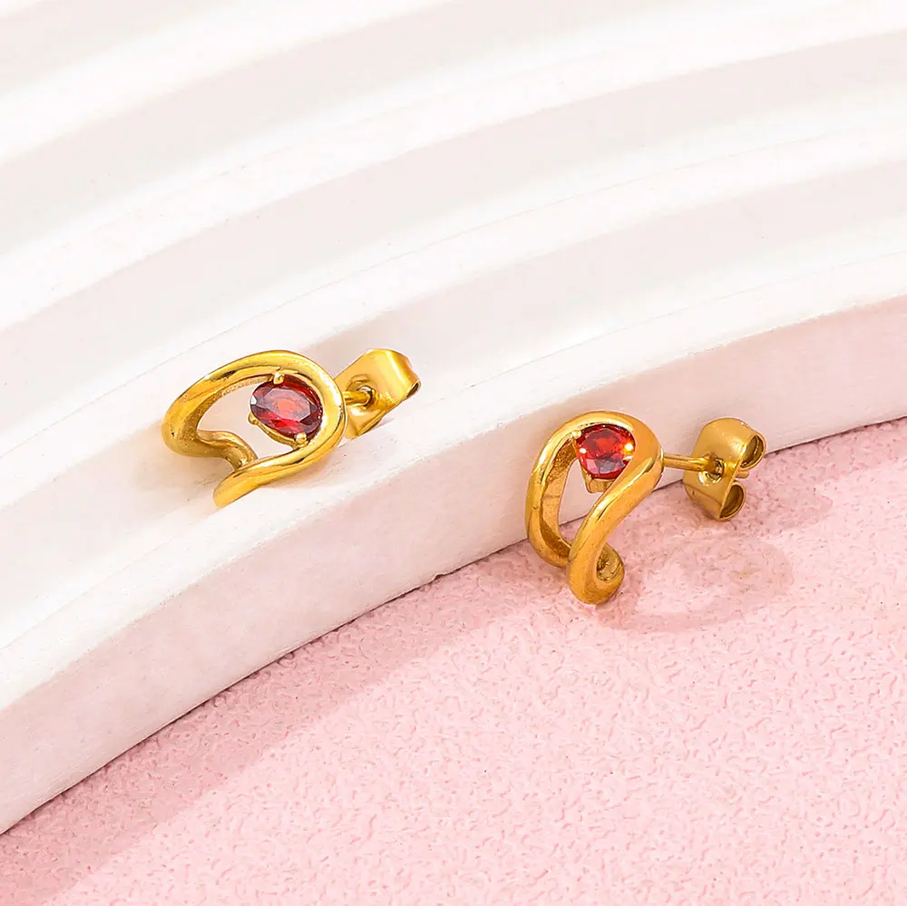 

Joolim Jewelry High Quality PVD Wholesale Waterproof Fashion Small Folded Red Zirconia Stud Stainless Steel Earring for Women