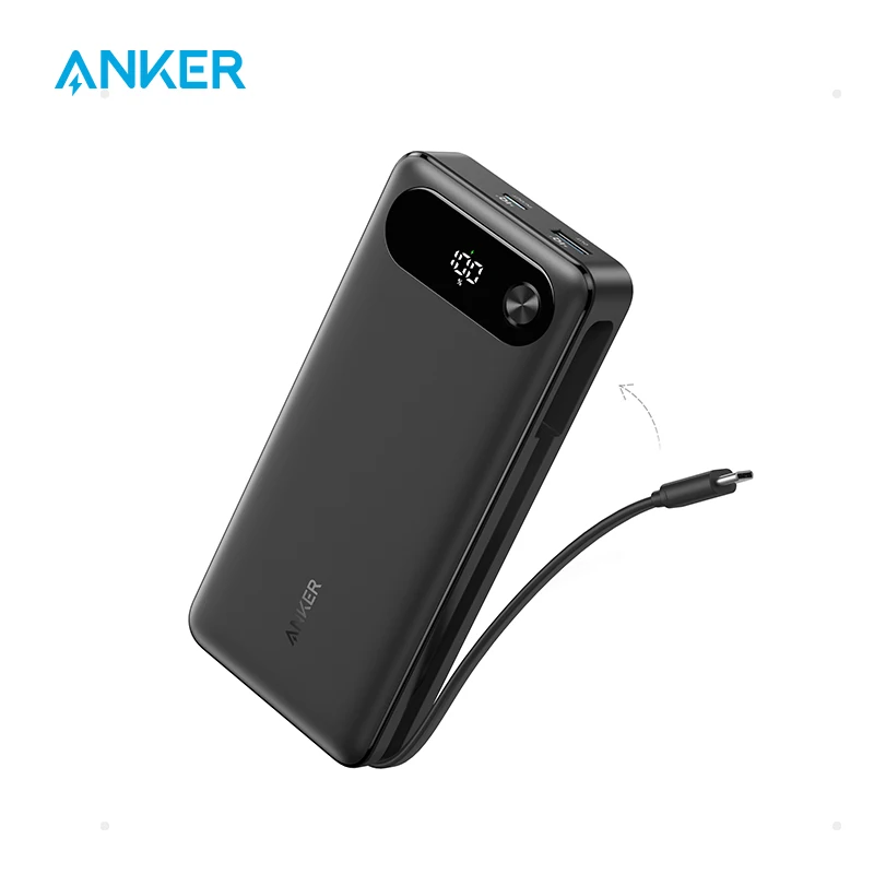 Anker Power Bank شاحن محمول 20000 مللي أمبير في الساعة مع كابل USB-C مدمج بطارية شحن سريع 87 وات 2 USB-C و1 USB-A لهاتف iphone17