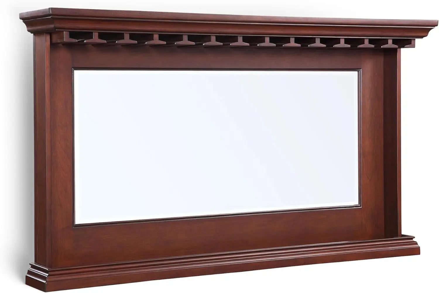 Seville Back Bar Mirror - Beveled Wall Mirror with Shelf & Built-In Stemware Holder, Solid Wood Frame in Walnut Finish