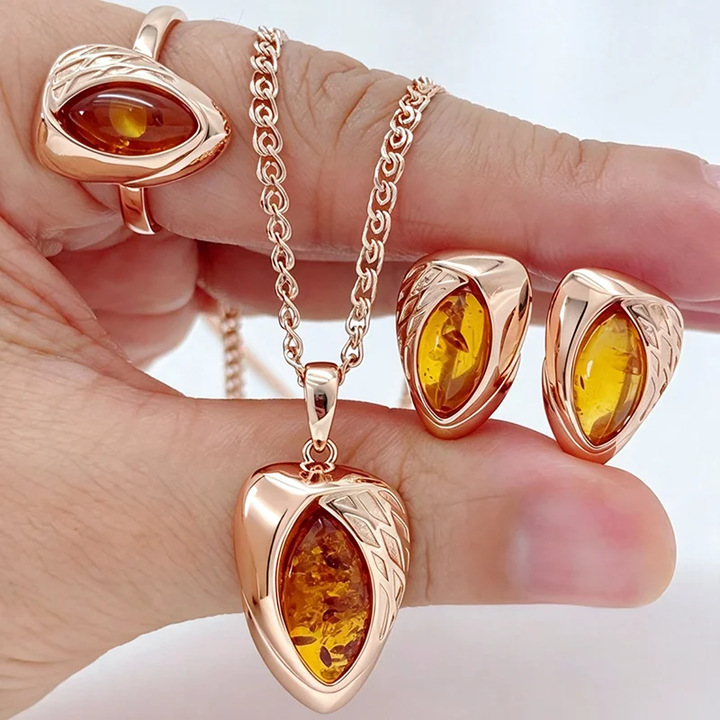 Kinel Hot Fashion 585 Rose Gold Color Ring Earrings Necklace for Women Rhombus Amber Accessories Vintage Jewelry Sets