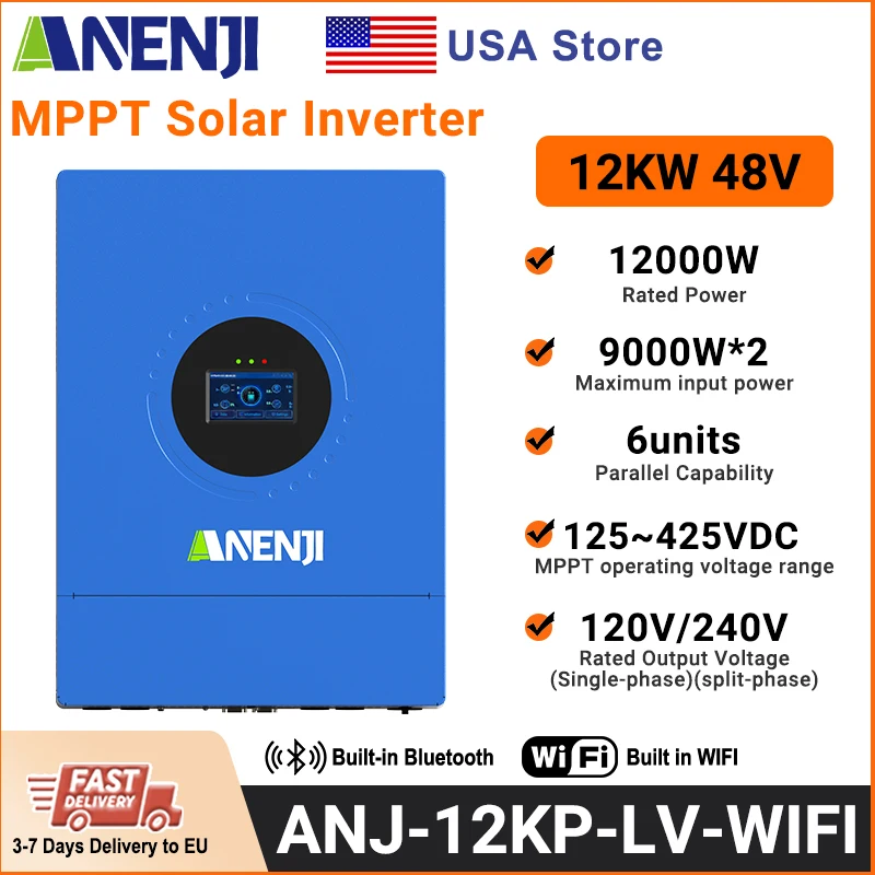 

ANENJI Split Phase 12 кВт 48 В гибридный солнечный инвертор параллельный 120 В/240 В переменного тока чистая синусоида 2 MPPT инвертор 220 А солнечное зарядное устройство PV 500 В