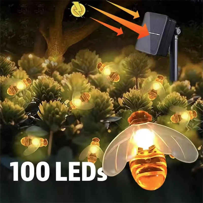 Solar-Bienen-Lichterkette für den Außenbereich, Lichterkette, Weihnachtsgirlande, 8 Modi, wasserdichtes Terrassenlicht für Gartenparty-Dekoration