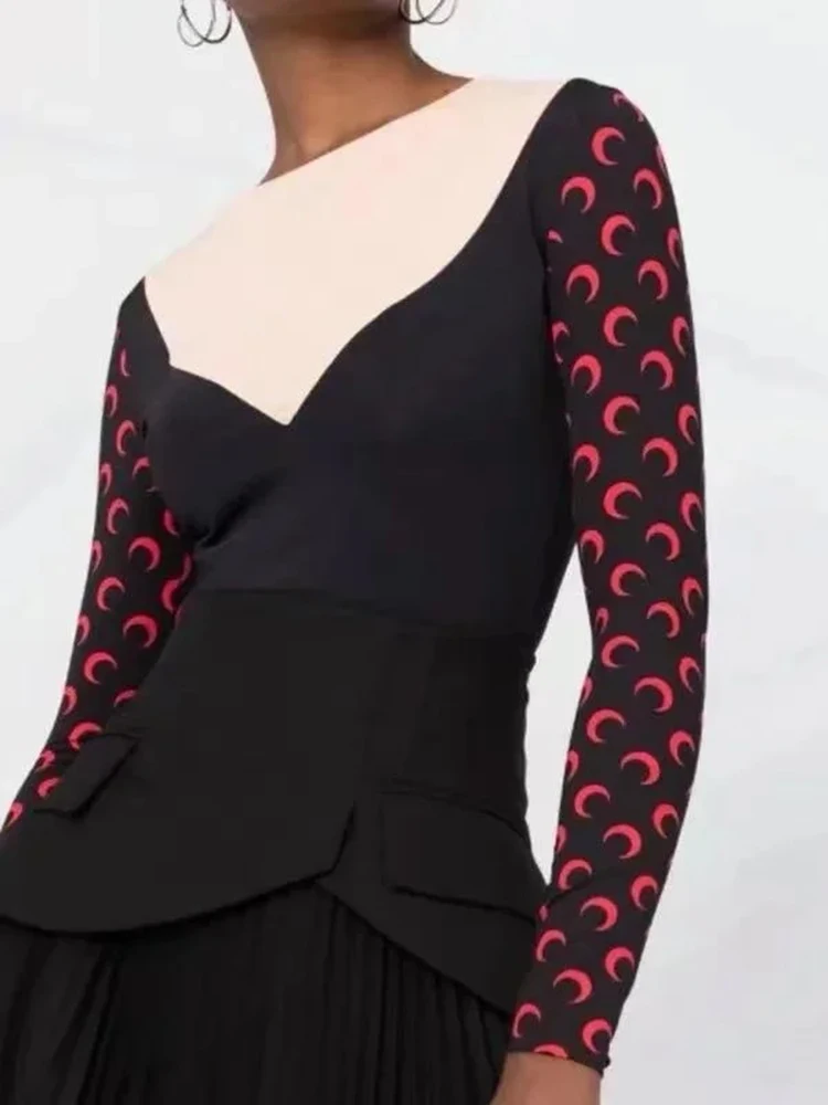 

Футболка Harajuku, женская лоскутная рубашка с лунным принтом, круглый вырез, длинный рукав, эластичный облегающий базовый слой, топ, осенний милый стиль