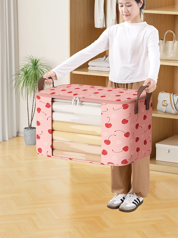 1PC large capacity storage bag for organizing bedroom wardrobe dormitory clothes quilt storage bag closet organizer Pink