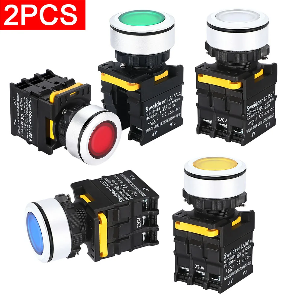 

2 шт., 30 мм, водонепроницаемый мгновенный кнопочный переключатель с самовозвратом и подсветкой, 12 В, 24 В, 110 В, 220 В, 380 В, 10 А, 1НО, 1NC, кнопочный переключатель питания