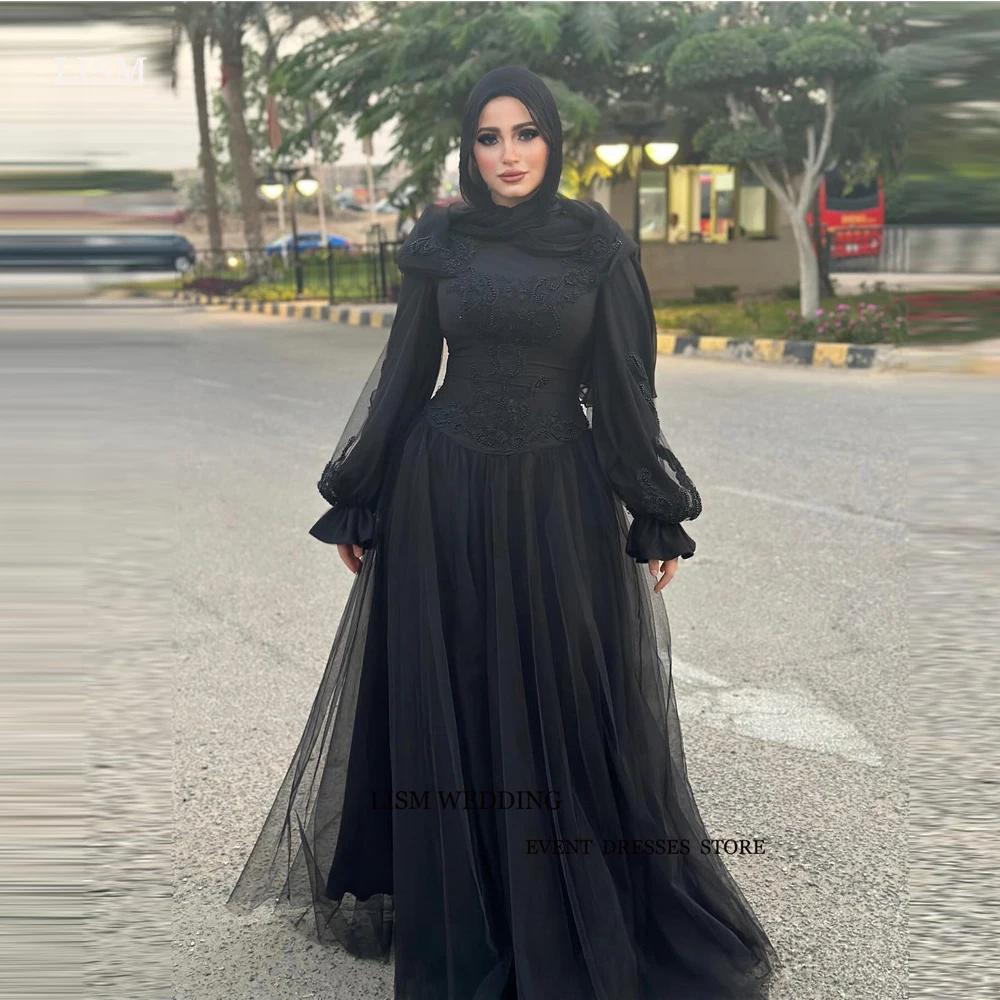 LISM Modest Back Muslim Arabic Women Evening Dresses Long Sleeves Lace Tulle Prom Gowns With Hijab Formal Party Dress Plus Size