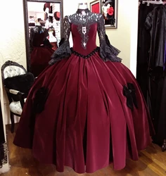 Victorian Red And Black Gothic Wedding Dress Rock Long Sleeve Lace Medieval Retro Renaissance Bow Bridal Gown Celtic Customized