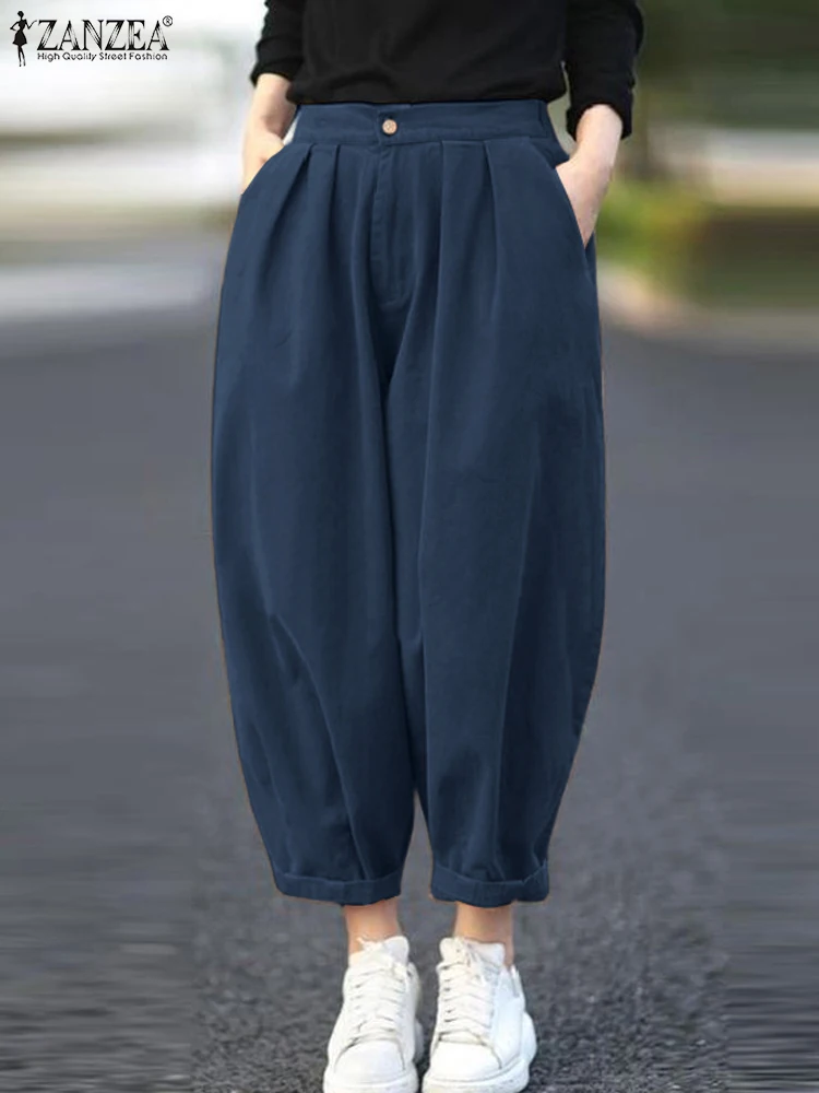 

ZANZEA Vintage Oversized Pant Women Solid Long Pants 2024 Summer Elastic Waist Pleated Cropped Pants Casual Loose Harem Trousers