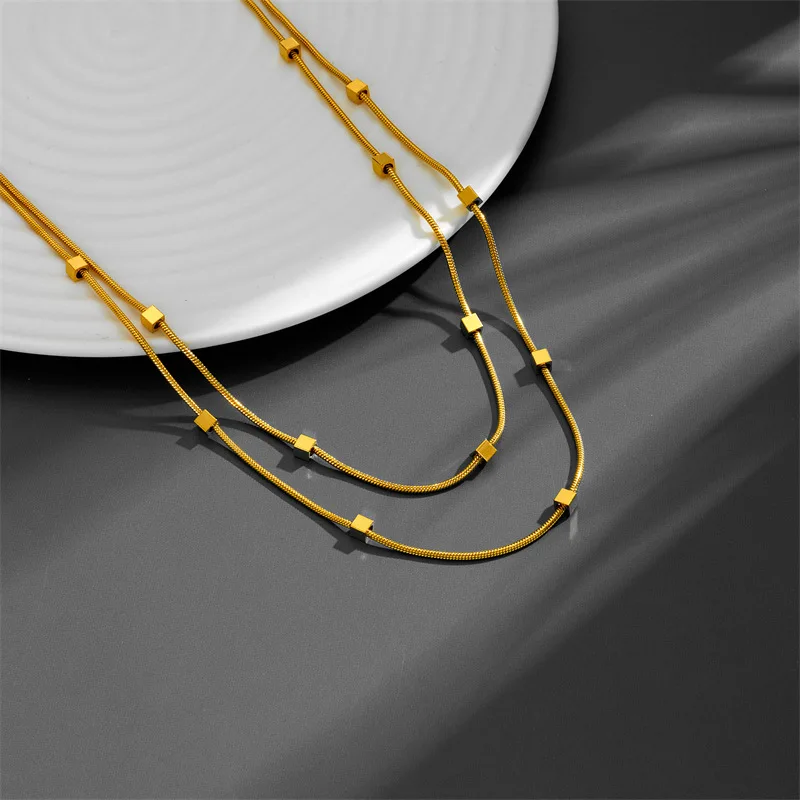 Double Layer Square Block Titanium Steel Necklace 18K Gold Plated Waterproof Non-Tarnish Chains Jewelry Suitable for Women Gift