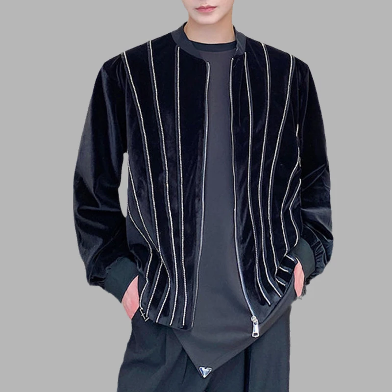 Trend Men Jackets Velvet Spliced Diamond Stand Collar Long Sleeve Zipper Coats Streetwear Autumn Fashion Casual Bomber Jackets