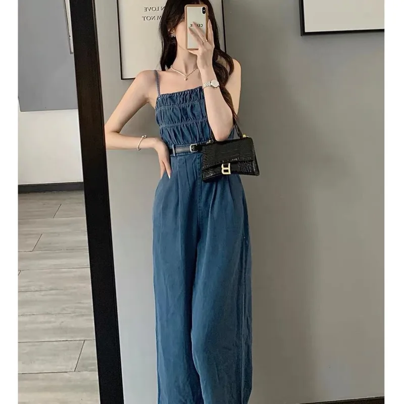 Women\'s 2024 New Summer Denim Romper Camisole Slimming And Fashion Korean Style Wide Leg Long Pants Corset Jumpsuit For Women