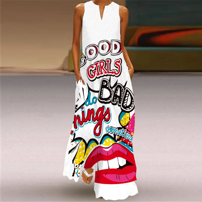 

Sexy V-Neck Sleeveless Dress with Unique Mask Printing Pattern for Women