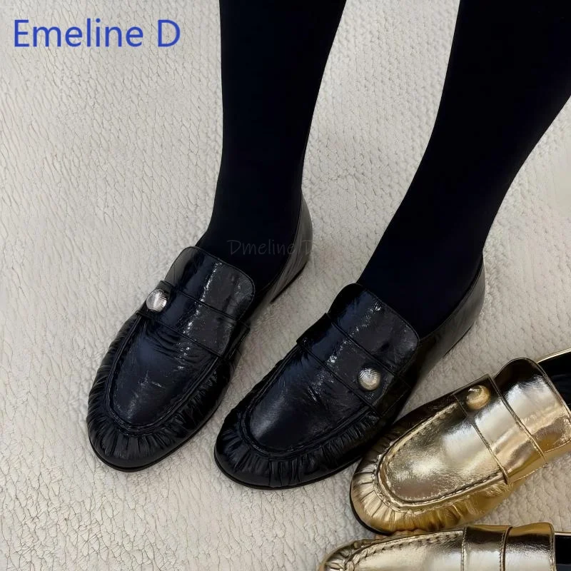 Unisex Metallic Loafers Slip on Pleated Round Toe Flat Footwear Decorative Trendy Daily Street Fashion Casual Shoes
