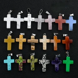 2pc Natural Stone Crystal Cross Pendant Crucifix Quartz Necklace Bracelet Charm Amethyst DIY Christian Woman Jewelry Accessory