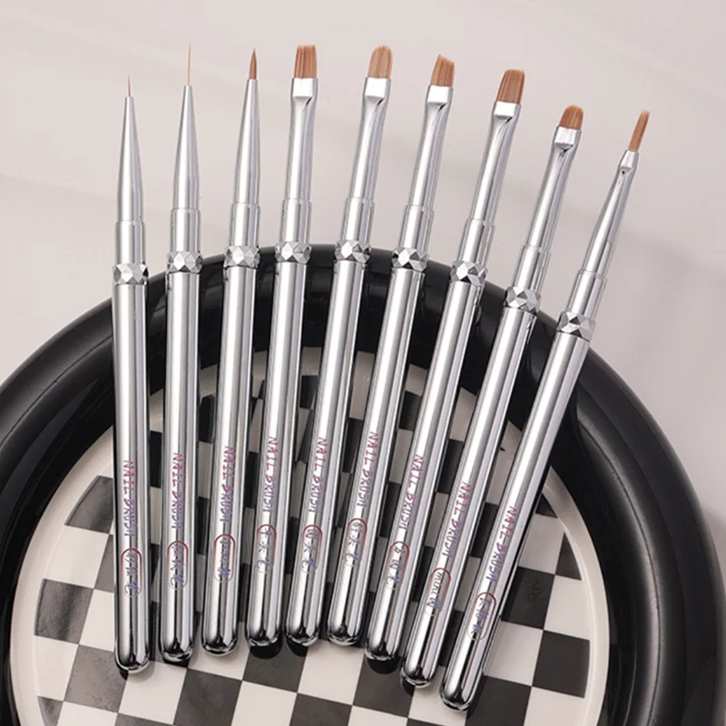 9Style Metal Handle Nail Art Pen Brush Coloring Pen Large Square Round Light Therapy Pen Nail Drawing Pen Flower Pen
