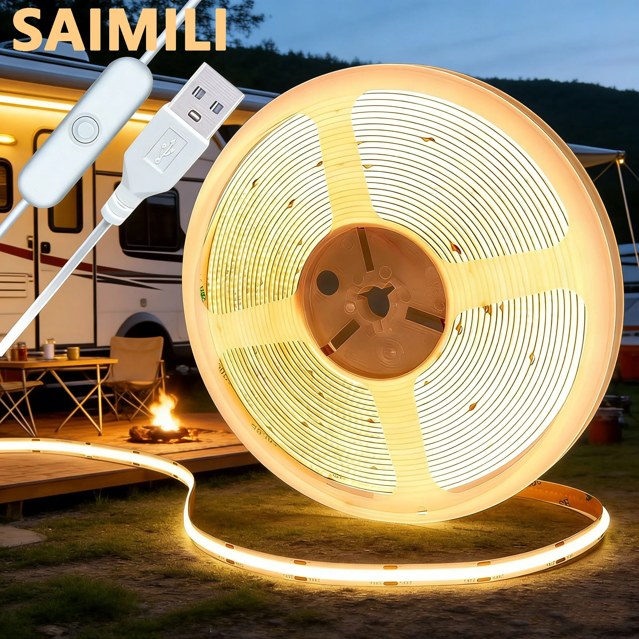 COB LED Light Strip RV Camper Van Ceiling Lights Flexible Diode Tape USB Light Indoor Lighting TV Mirror Backlight Room Decor