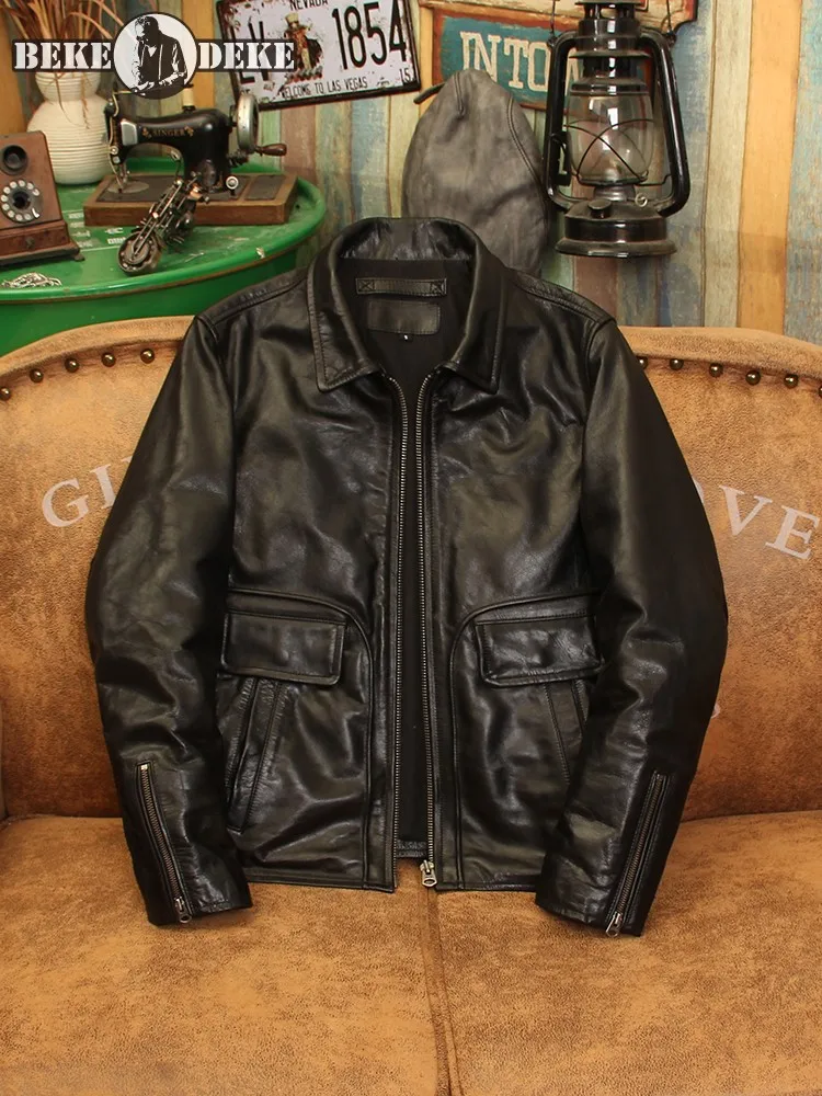 

Vintage Punk Style Black Mens Motorcycle Genuine Leather Jacket Slim Fit Zipper High Quality Street Horseskin Short Coat Male