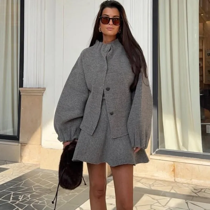

Tuularose Women Knit Dress Sets Gray Aviator Jacket Coat High Waisted Skirt Sets Autumn New Party Office Lady Female Dress Sets