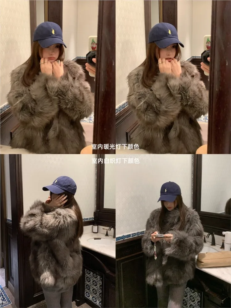 Two-color smacked stand-up collar fur coat mid-length mixed for women