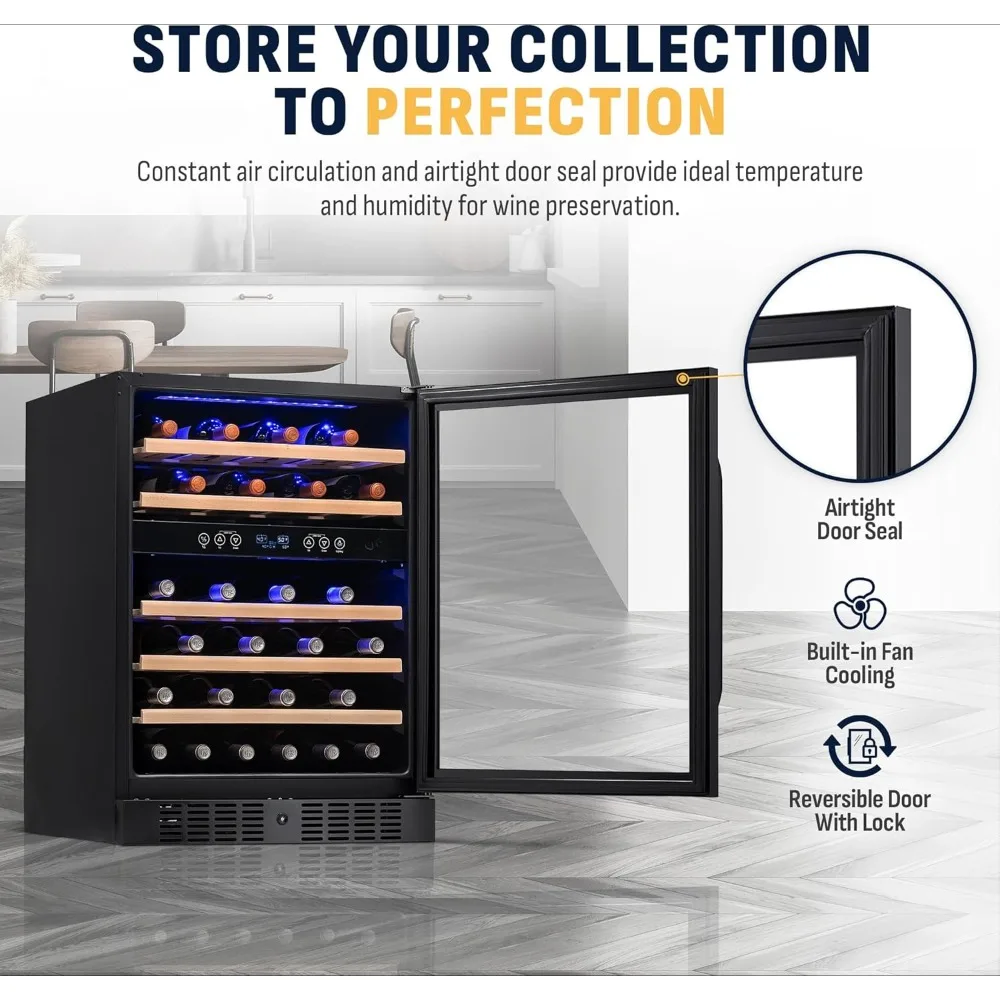 wine cooler, 46 bottle double area wine refrigerator, built-in small wine refrigerator, black stainless steel mini refrigerator