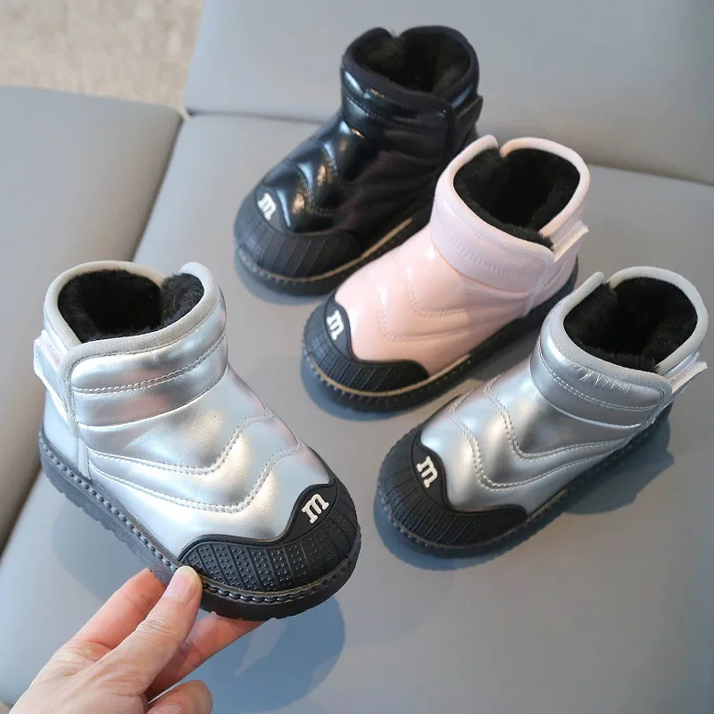 Winter Boots Girls Cotton Shoes Fashion Kids Boys Ankle Boots Soft Bottom Warm Student Boot Silver Black Pink