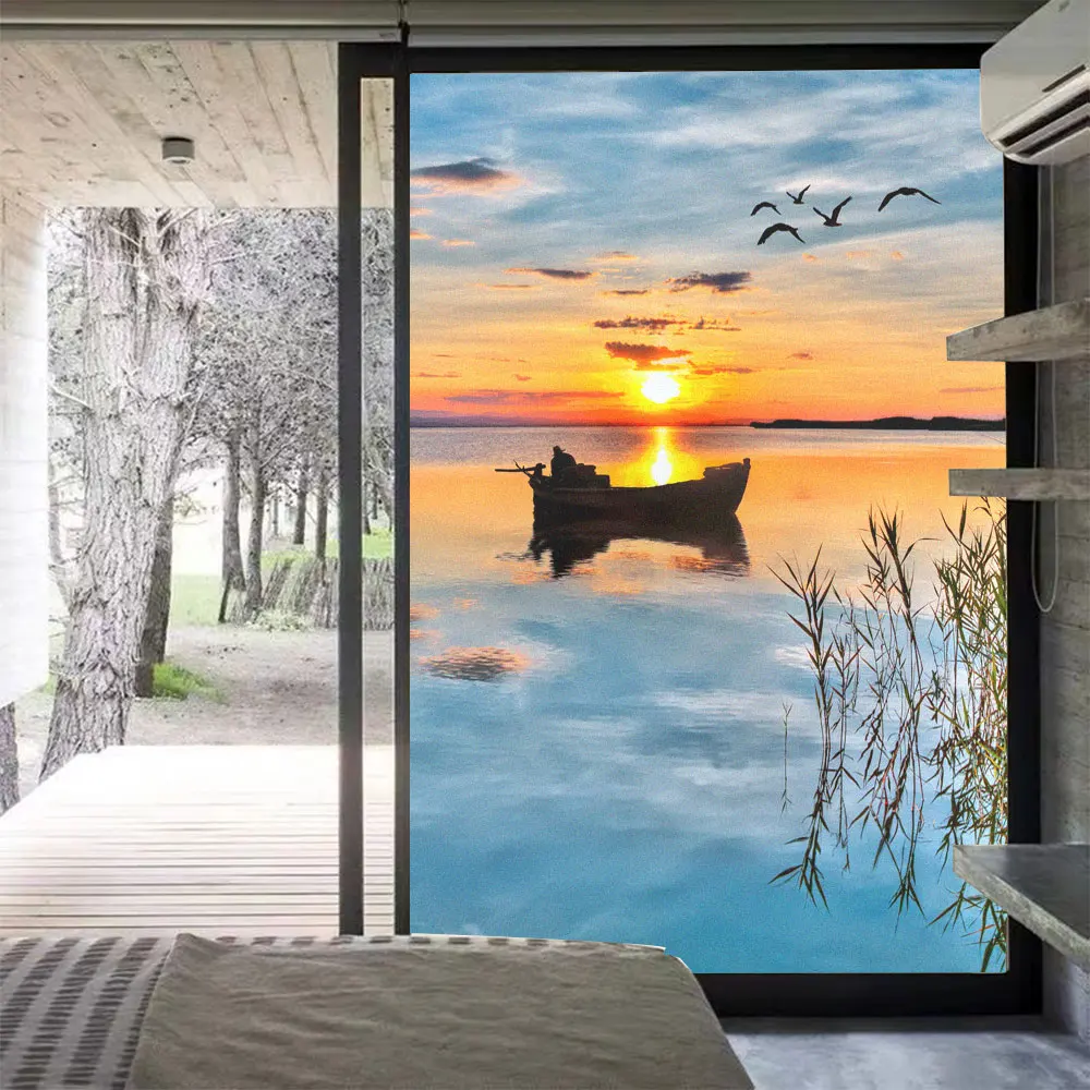 

Sunset Lake View Pattern Privacy Window Film Anti UV Stained Glass Window Film Glue-Free Static Cling Frosted Glass Door Sticker