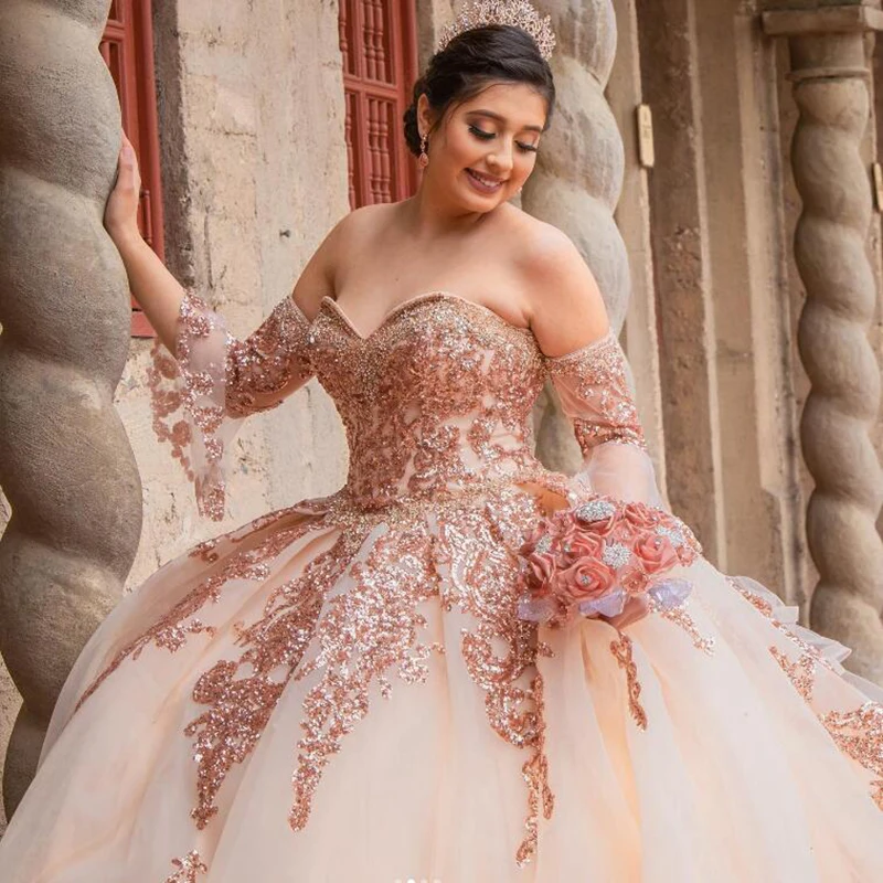 Vestido De quinceañera con lentejuelas De oro rosa, Vestido De baile De graduación con corsé y cuentas De corazón, De lujo, 15 años, 2022