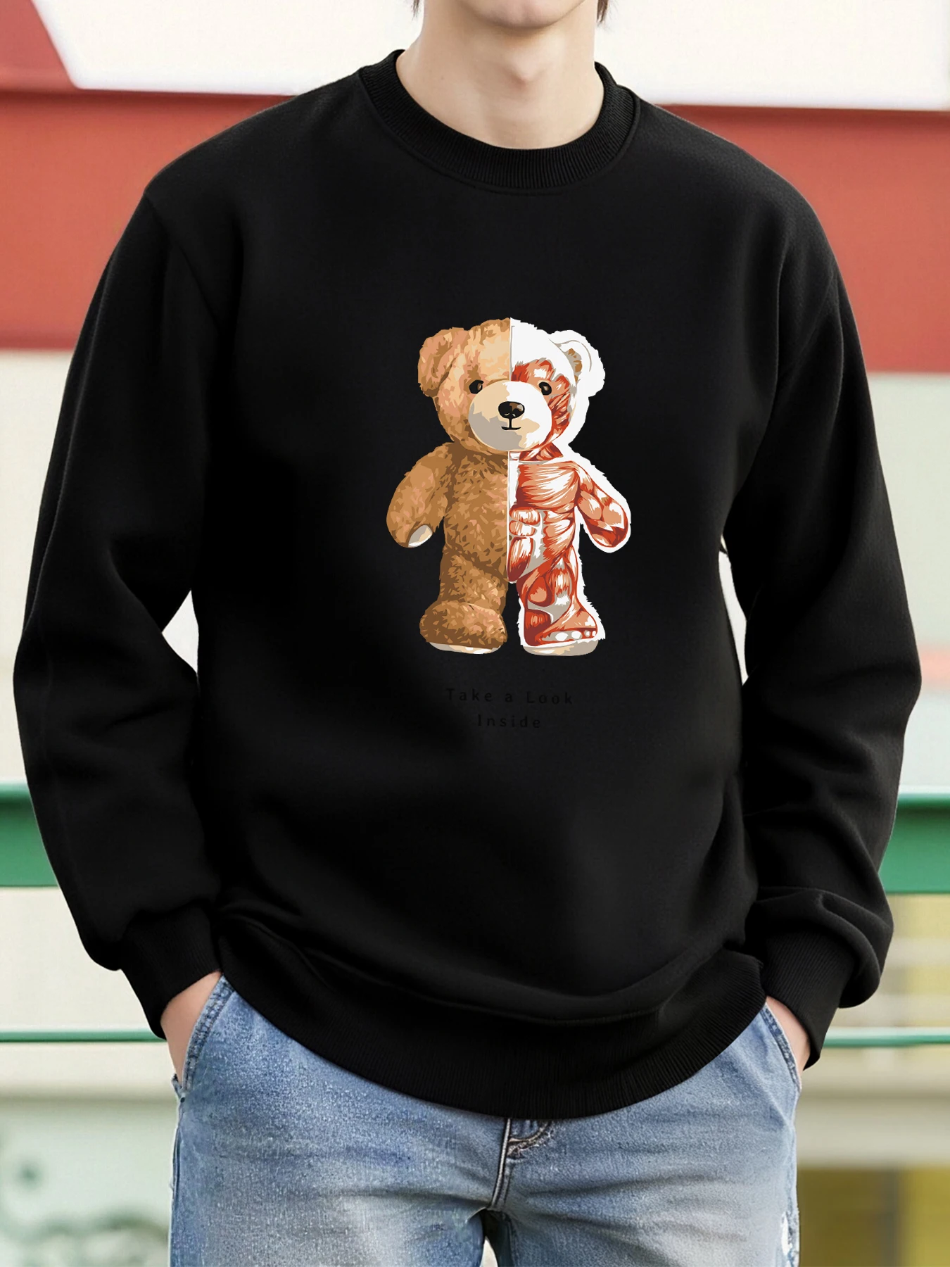 

Bear Take A Look Inside Design Мужская уличная одежда Мягкий свитшот с круглым вырезом Флисовый пуловер большого размера Осенняя модная спортивная одежда