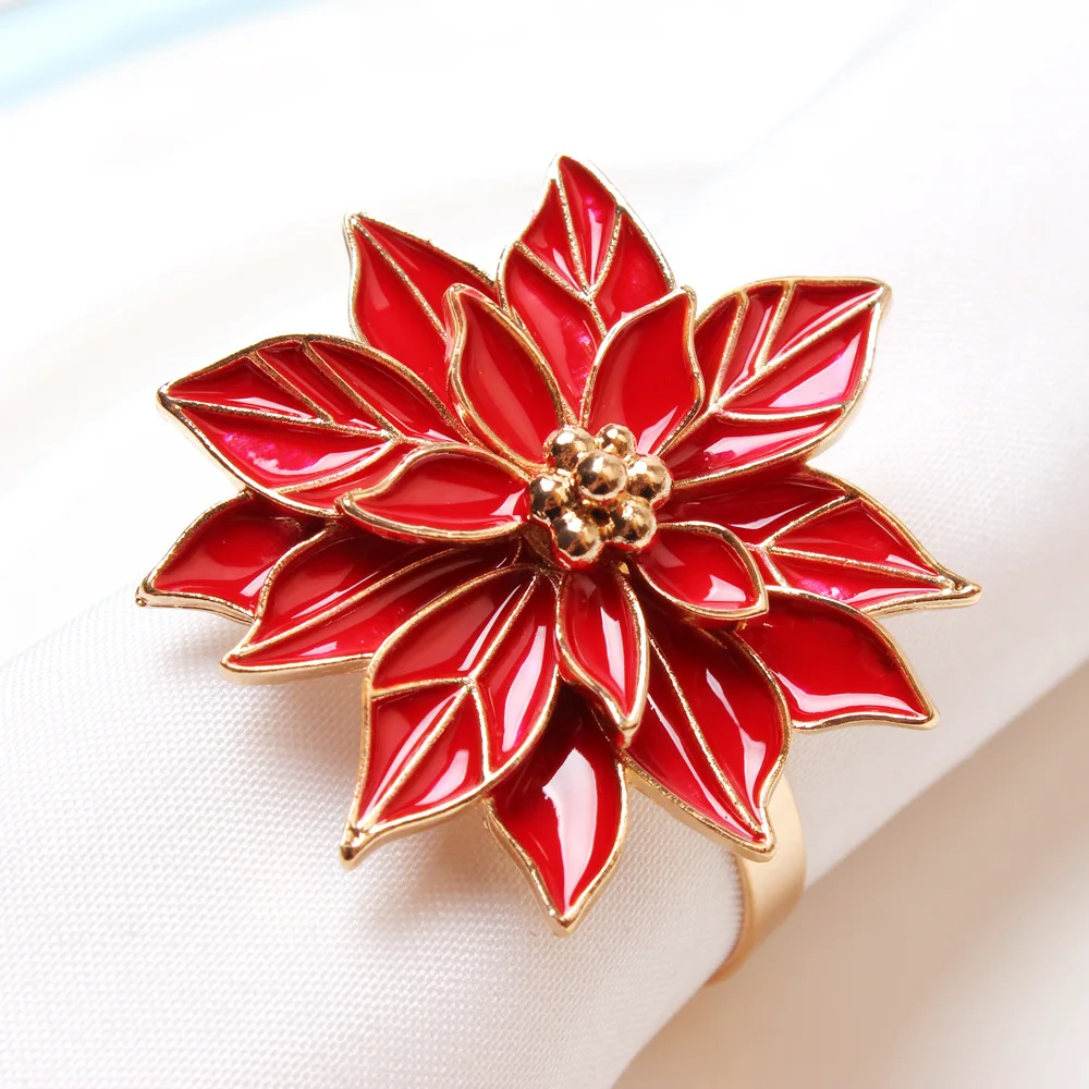 Red Christmas Flower Metal Napkin Buckle Christmas Tree Napkin Rings 2026 New Year Home Table Decoration Tissue Ring Wholesale