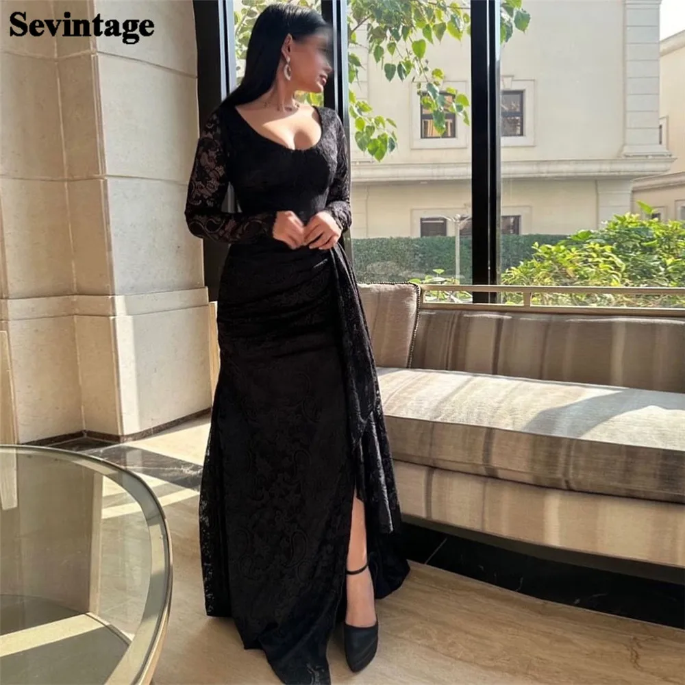 

Sevintage Elegant Black Lace A-Line Prom Dress Scoop Long Sleeves Side Slit Formal Evening Dress Ankle Length Party Gown 2024