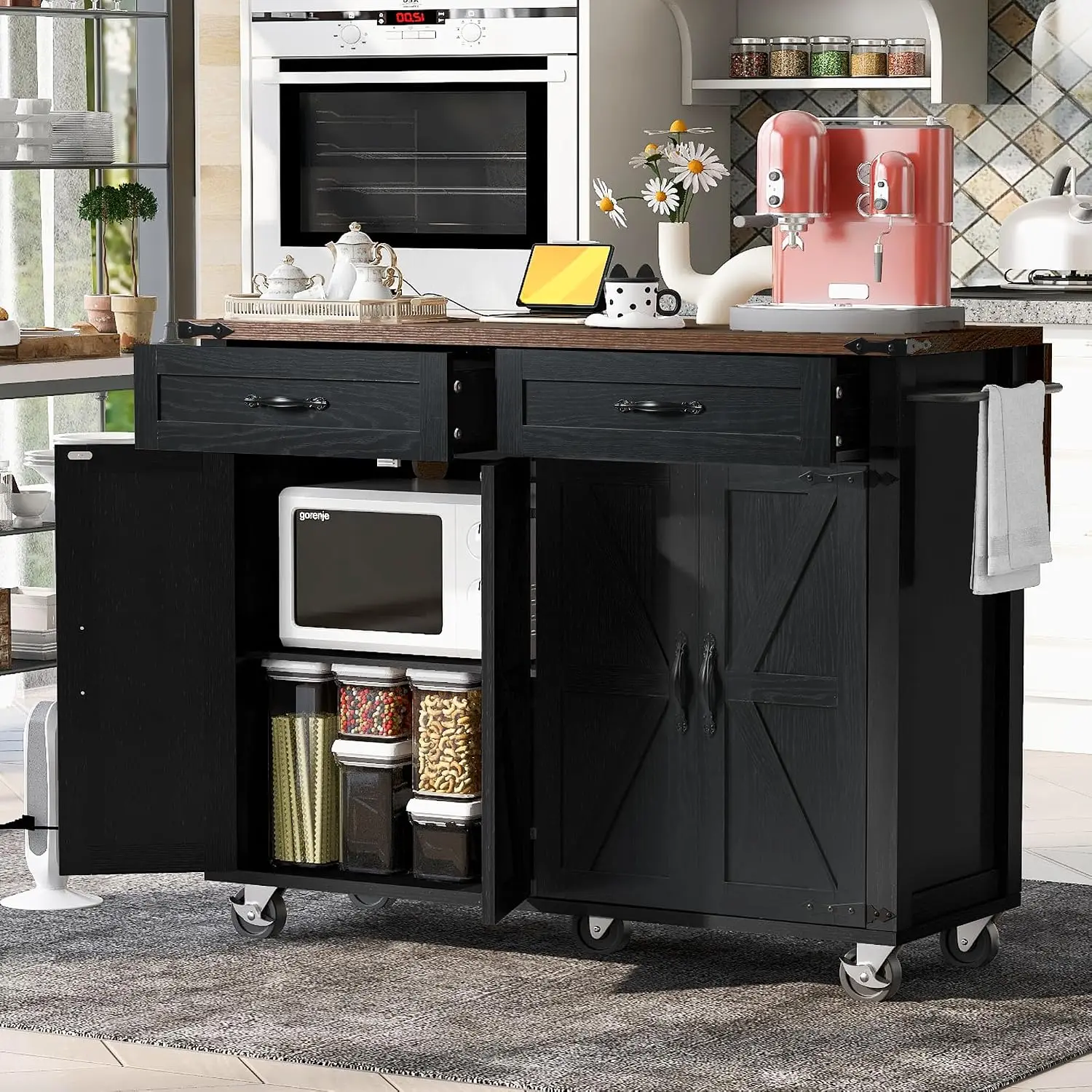 Farmhouse Kitchen Island Drop Leaf Rolling Cart Breakfast Bar Wheels Storage Cabinet Rack Outlet, Customized